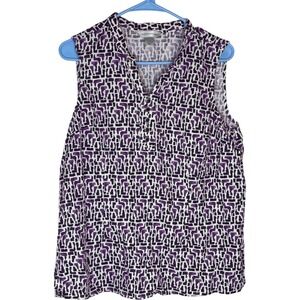 Christopher & Banks Sleeveless V-Neck Button Front Geometric Print Blouse Large